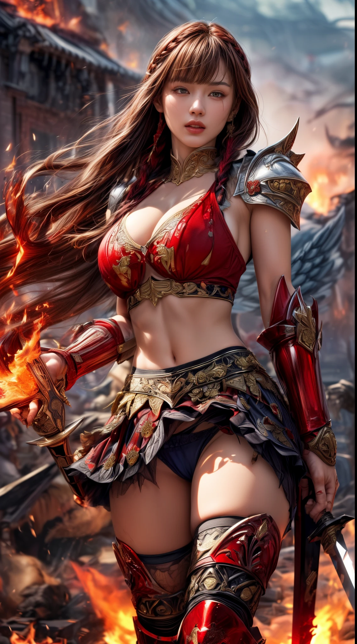 Very beautiful woman、Slender women、(Detailed face)、Realistic Skin、((Knight of Fire)), (((Red Armor:1.25)))、((((Black armor with very fine and intricate decoration))))、((Delicate photo))，(Girl Astepeace RAW Photo Details:1.25), (highest quality:1.6), (超A high resolution:1.5), (Realistic:1.75), 8K resolution, Canon EOS R5, 50mm, Absurd, Ultra-detailed,Cinema Lighting,Battlefields of Medieval Europe、((battle))、RPG World、Final Fantasy、(((Embellished skirt)))、Thigh-high socks、Shin Guards、night、((too long bangs))、((One long thick dark red hair braid))、Get six-pack、Torn Cloak、Beautiful Armor、(((Giant Sword)))、In combat、The wind is blowing、(((Inferno filling the entire area)))、(((Leading a large group of red knights)))、(((Knight Commander)))、Armor with a Phoenix motif、Old scar on right cheek:1.2、((Fire blaze))、(((Battle Scene)))、((nsfw:1.2))、(((I can see her panties:1.4)))