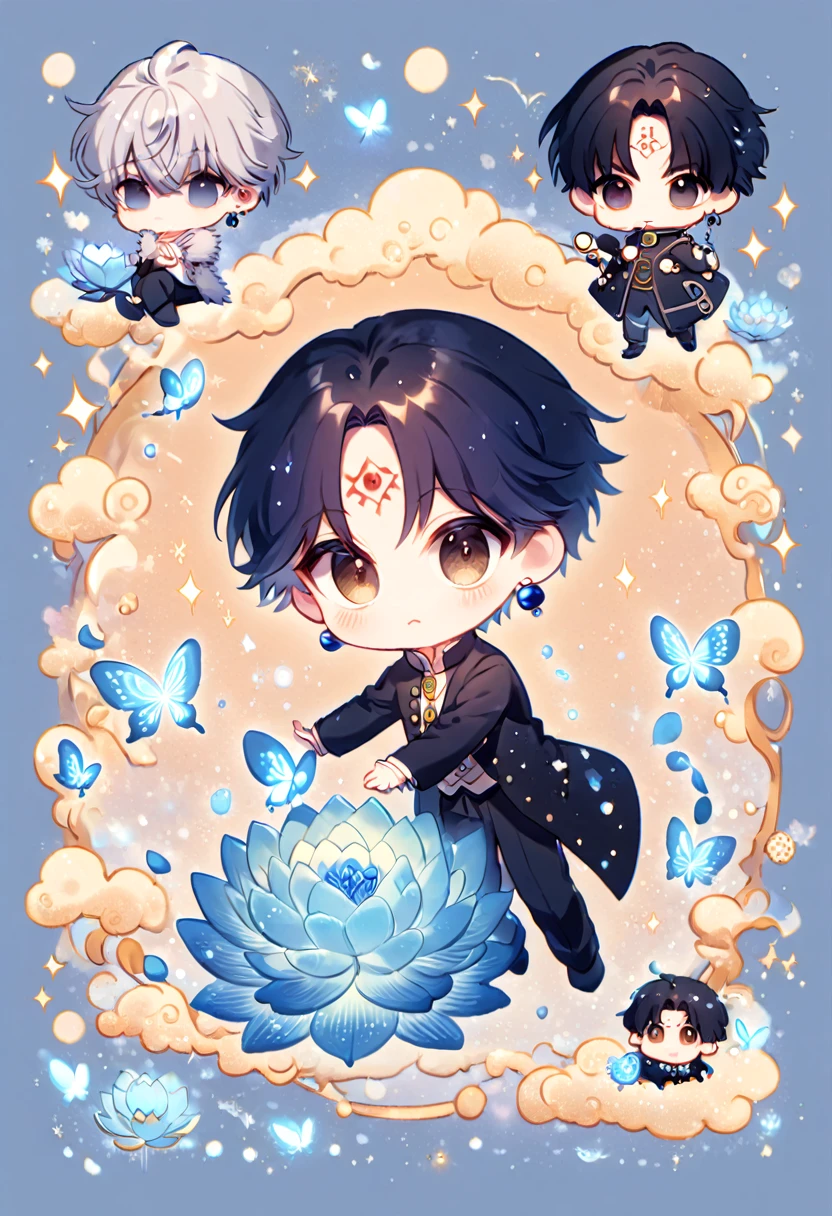 absurdres, highres, ultra detailed, HDR, master piece, best quality, Chrollo Lucilfer chibi, black hair, expressive brown eyes, hunter x hunter, blue earrings, cute, hugging a light-blue dragon, black jacket, white shirt, patterns, magical, fantasy, blue background, blue lotus, shining, blue petals, blue glittering butterflies