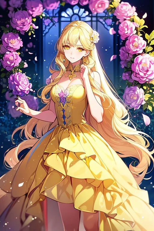 Fantasy masterpiece highest quality Sparkling Blonde Yellow Eyes dress beautiful One Woman Surrounded by flowers