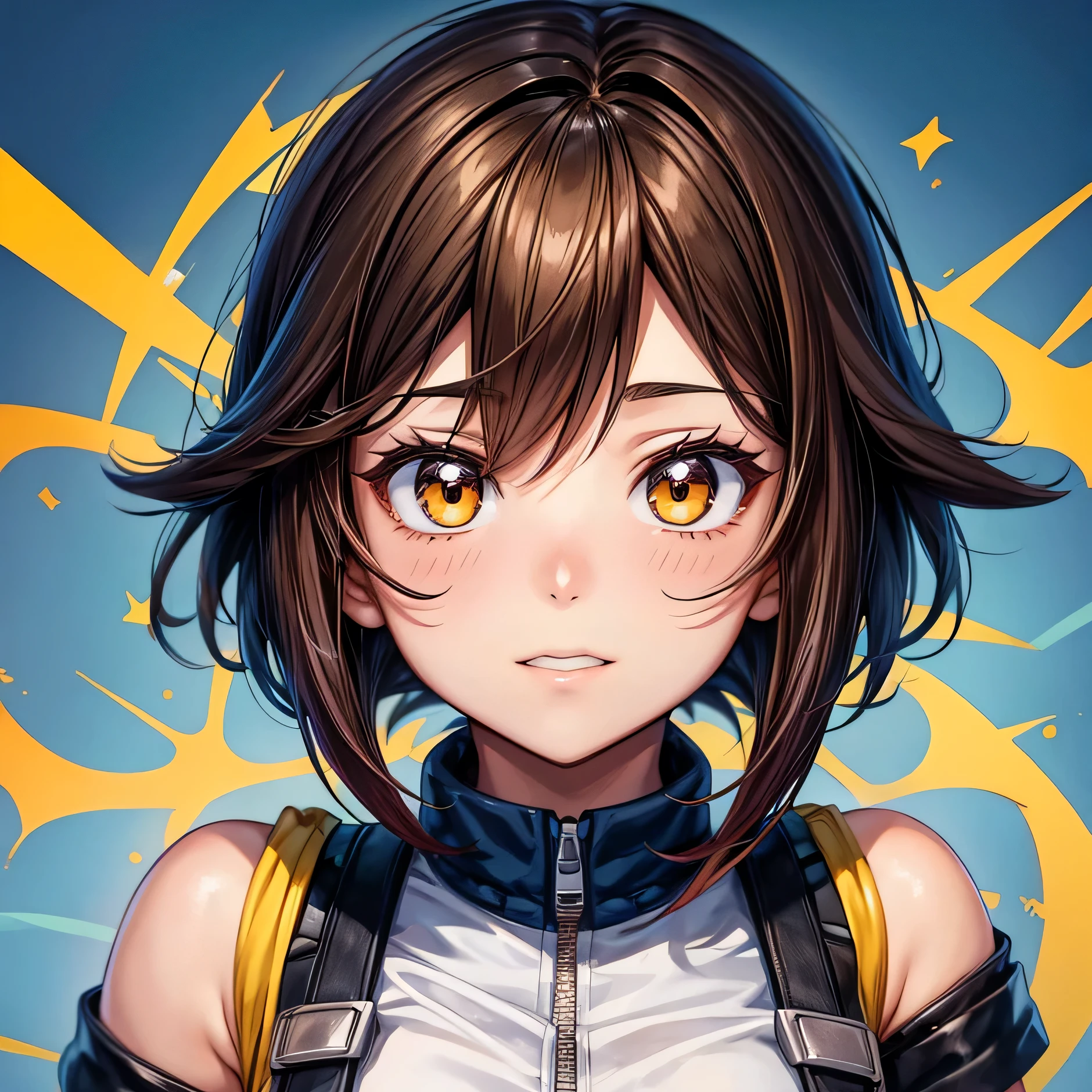 Chica anime de boku no hero academia, cabello marron orcuro, mecho de pelo color celeste, brunette skin