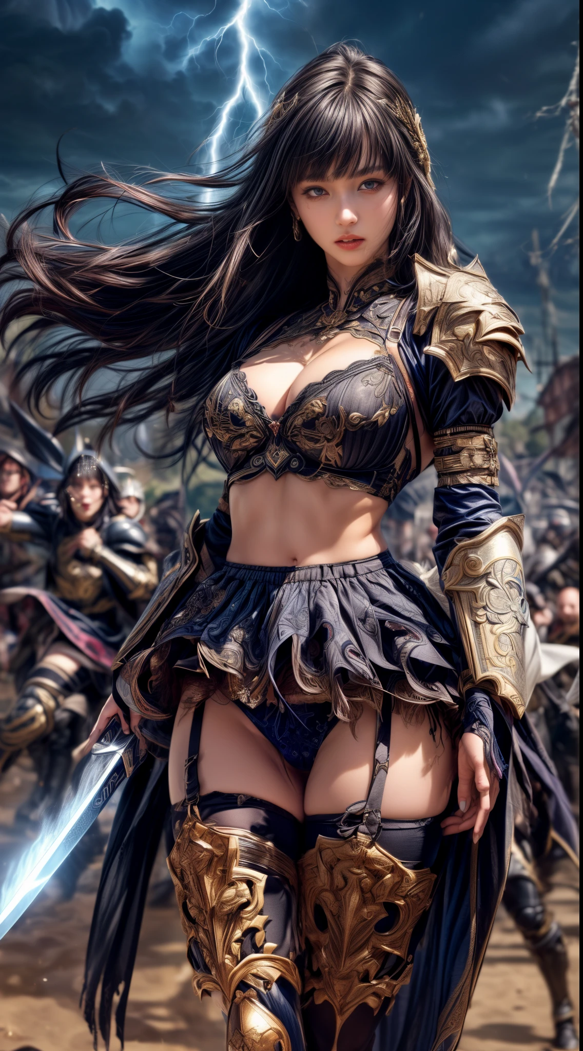 Cowboy Shot、Very beautiful woman、Slender women、(Detailed face)、Realistic Skin、((Demon Knight)), (Black Armor)、((((Black armor with very fine and intricate decoration))))、((Delicate photo)),(Girl Astepeace RAW Photo Details:1.25), (highest quality:1.6), (超A high resolution:1.5), (Realistic:1.75), 8K resolution, Canon EOS R5, 50mm, Absurd, Ultra-detailed,Cinema Lighting,Battlefields of Medieval Europe、((battle))、RPG World、Final Fantasy、(((Embellished skirt)))、Thigh-high socks、Shin Guards、night、((Long hair with bangs,))、Get six-pack、Torn Cloak、Beautiful Armor、(((Giant Sword)))、In combat、The wind is blowing、((Asymmetrical Armor:1.5))、(((thunderstorm)))、((Knight Commander))、(((Leading a large group of black knights)))、Banner、(((Battle Scene)))、((Sexy iron mask))、((nsfw:1.2))、(((I can see her panties:1.4)))