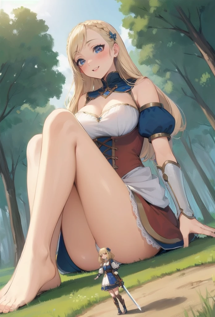(miniature woman in front of the closeup feet of a giantess: 1.4), (a miniature woman in front of a giantess), (forest: 1.1), closeup breasts and face, (from below view: 1.2), (perfectly huge round breasts) cleavage, (very cute girly clothing that reveals breasts and thighs and panties: 1.1), (elven clothes sword), (medieval fantasy: 1.1), nipples, (fantasy outside: 1.1), (very low angle perspective: 1.2), (foot), barefoot, fields, sitting on ground, plains, (Very skinny and anorexic  small  young adult girl: 1.4), (closeup foot: 1.6), (foreshortening: 1.3), (2girls: 1.5), (height difference: 1.6), (size difference: 1.4), blue eyes, (young beautiful and cute blonde hair: 1.3)