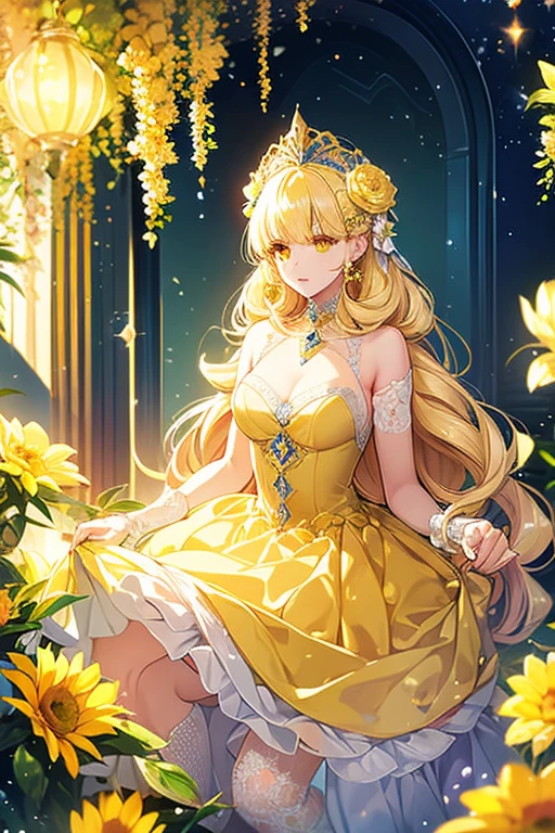 Fantasy　masterpiece　highest quality　Sparkling　Blonde　Yellow Eyes　dress　beautiful　One Woman　Surrounded by flowers