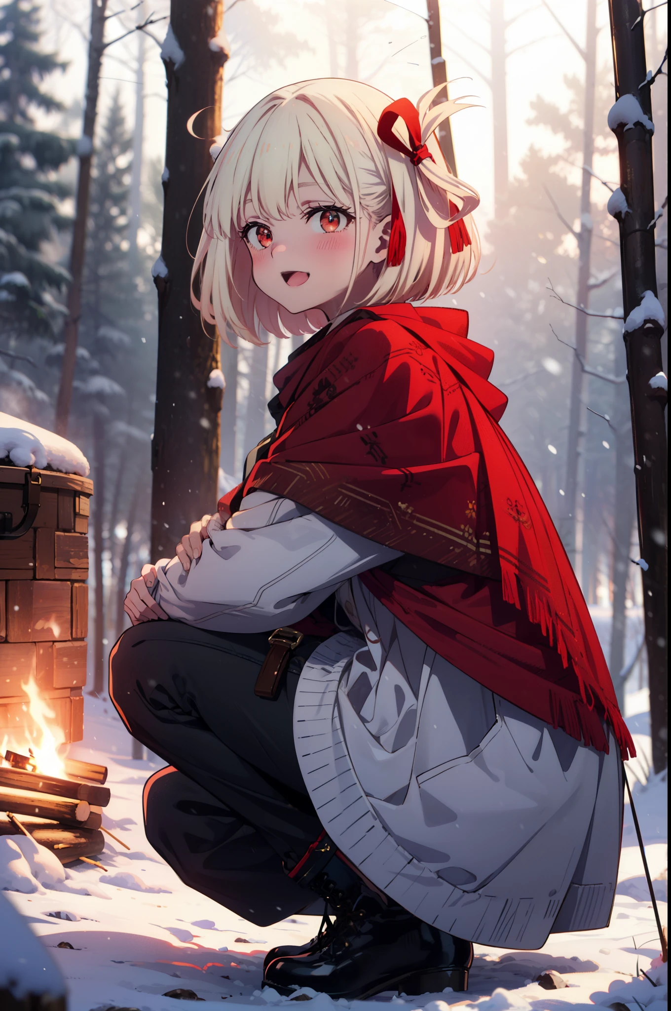 chisatonishikigi, Chisato Nishikigi, short hair, bangs, blonde, (Red eyes:1.5), Hair Ribbon, One side up, Bobcut,smile,blush,happy smile, smile, Open your mouth,
White Breath, Open your mouth,snow, Ground bonfire, Outdoor, boots, snowing, From the side, wood, suitcase, Cape, Blurred, Increase your meals, forest, White handbag, nature, Squat, Mouth closed, フードed Cape, winter, Written boundary depth, Black shoes, red Cape break looking at viewer, Upper Body, whole body, break Outdoor, forest, nature, break (masterpiece:1.2), highest quality, High resolution, unity 8k wallpaper, (shape:0.8), (Beautiful and beautiful eyes:1.6), Highly detailed face, Perfect lighting, Highly detailed CG, (Perfect hands, Perfect Anatomy),