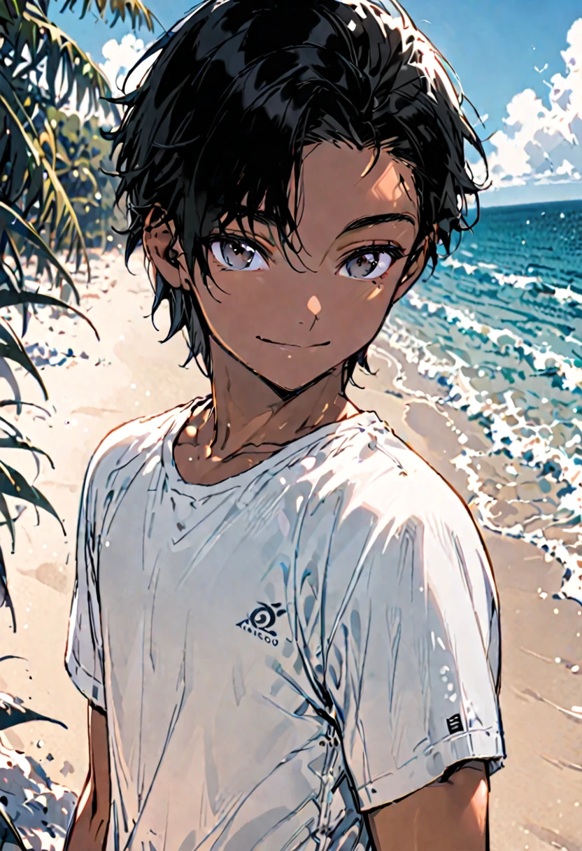 male, solo, medium shot, facing forward, avatar, black hair, black eyes, gentle smile, beach, tan, fit, gentle smile, young boy