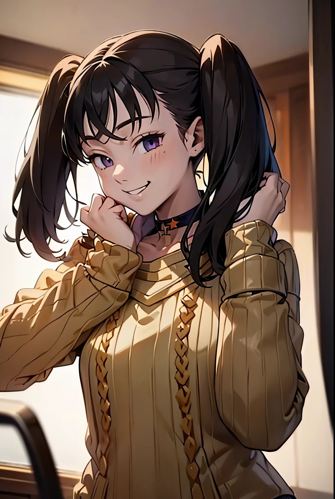  (((solo))),(((virgin destroyer sweater, choker, ecchi))), ((shy smile)), dynamic angle, in house,
