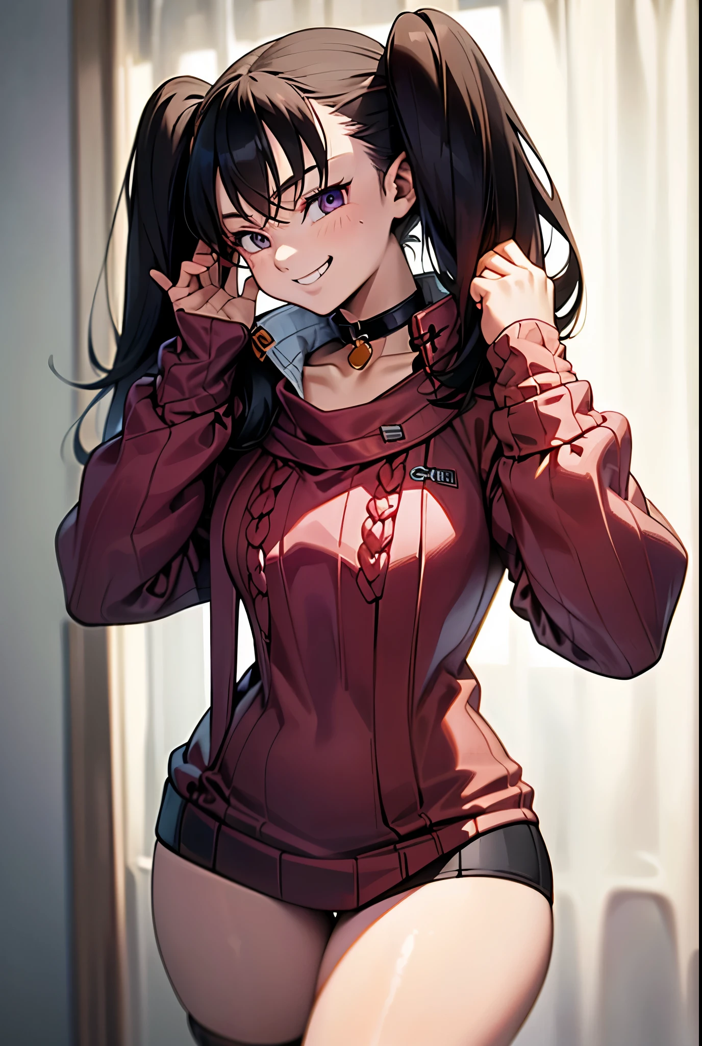  (((solo))),(((virgin destroyer sweater, choker, ecchi))), ((shy smile)), dynamic angle, in house,
