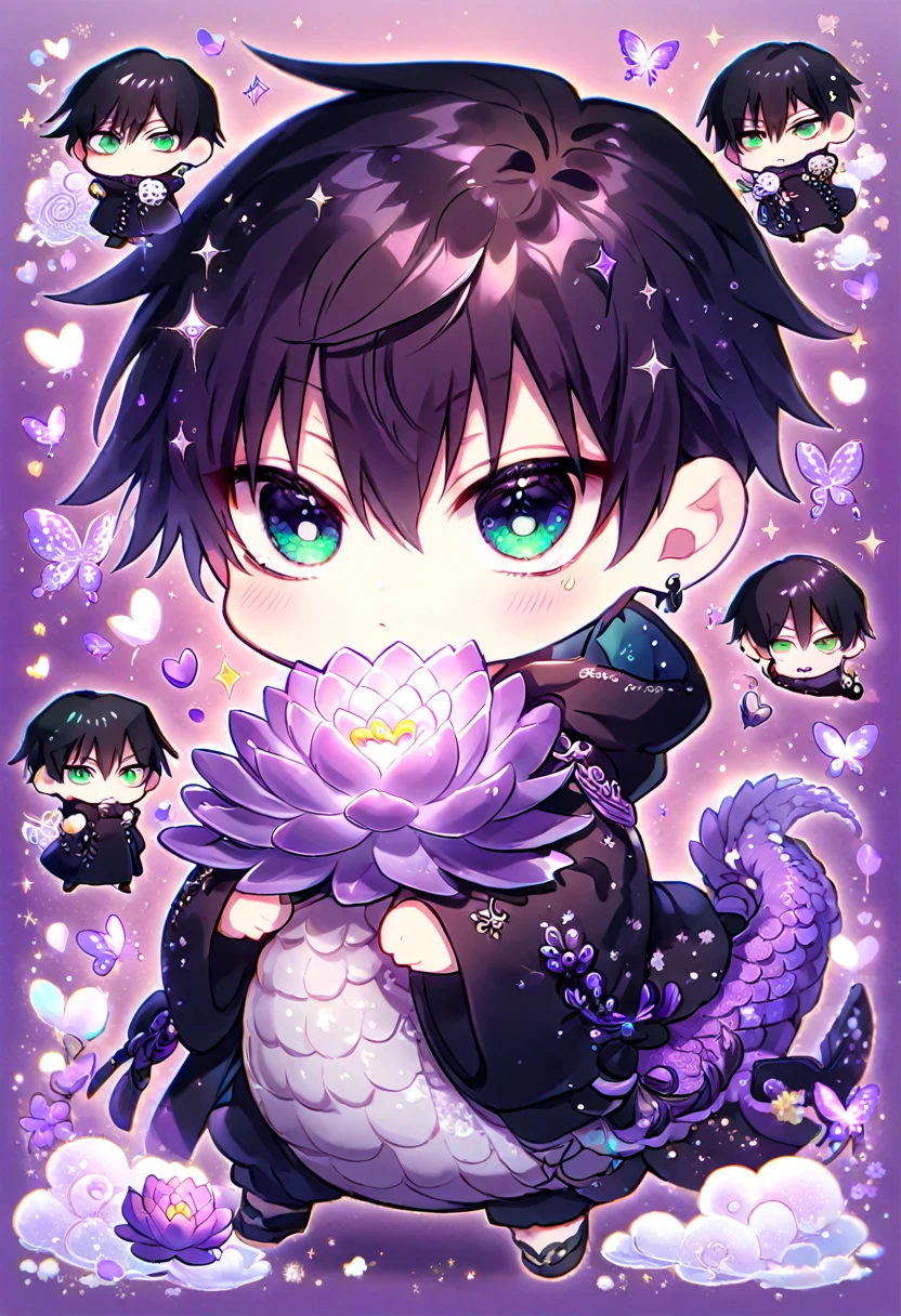 Ultra detailed, Highres, absurdres, HDR, Fushiguro Touji chibi, black straight hair, expressive green eyes, black coat with patterns, Jujutsu Kaisen, black clothes, fantasy, glittering purple butterflies, petals, handsome, man, very detailed eyes and face, master piece, glittering, purple lotus, purple background, hugging a purple dragon, cute, love, magical,