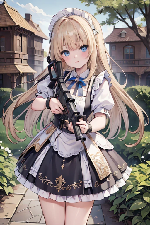 (8k, highest quality, Tabletop:1.2)、Ultra-high resolution, , Perfect Fingers, Detailed face, blue eyes, blonde, Straight hair, Long Hair, Black maid outfit, Western-style building、garden、aiming at viewer, M4 carbine、Gunfire