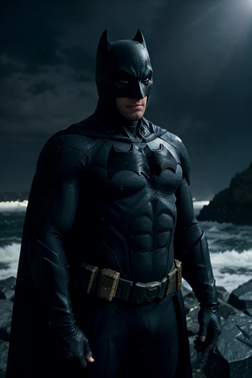 Batman in a black suit standing in a rocky area, do filme batman, o Batman, Jason Statham como Batman, Henry Cavill como Batman, Ryan Renolds como Batman, Dwayne Johnson como Batman, Ryan Reynolds como Batman, no Batman movie still cinematic, cristiano ronaldo as batman, still do filme do batman, imagem fixa do filme batman, no Batman, o coringa como batman