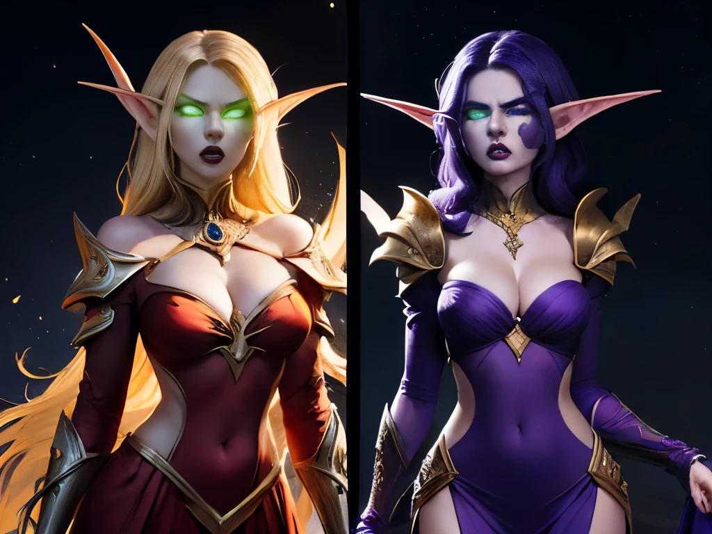 (Masterpiece, highly detailed, highly quality,  highly resolutions), twoheads, ({{BREAK nightelf, Left head, angry, clenched teeth, glowing eyes, left blue eyes, left Purple Hair, colored skin, mature female, purple Dress, purple shoulder pad, Navel, Cleavage, purple lips, looking at viewer, night, Sleeve, Long eyebrows, Princess of the Moon, Moon Background, left Half Moon center}}), vs, (BREAK bldelf, right head, angry, clenched teeth, glowing eyes, right Green eyes, right Blonde hair, colored sclera, mature female, Red Dress, red shoulder pad, Navel, cleavage, red lips, looking at viewer, day, Sleeves, long Eyebrows, Princess of the Sun, Sun Background, right Half Sun center))