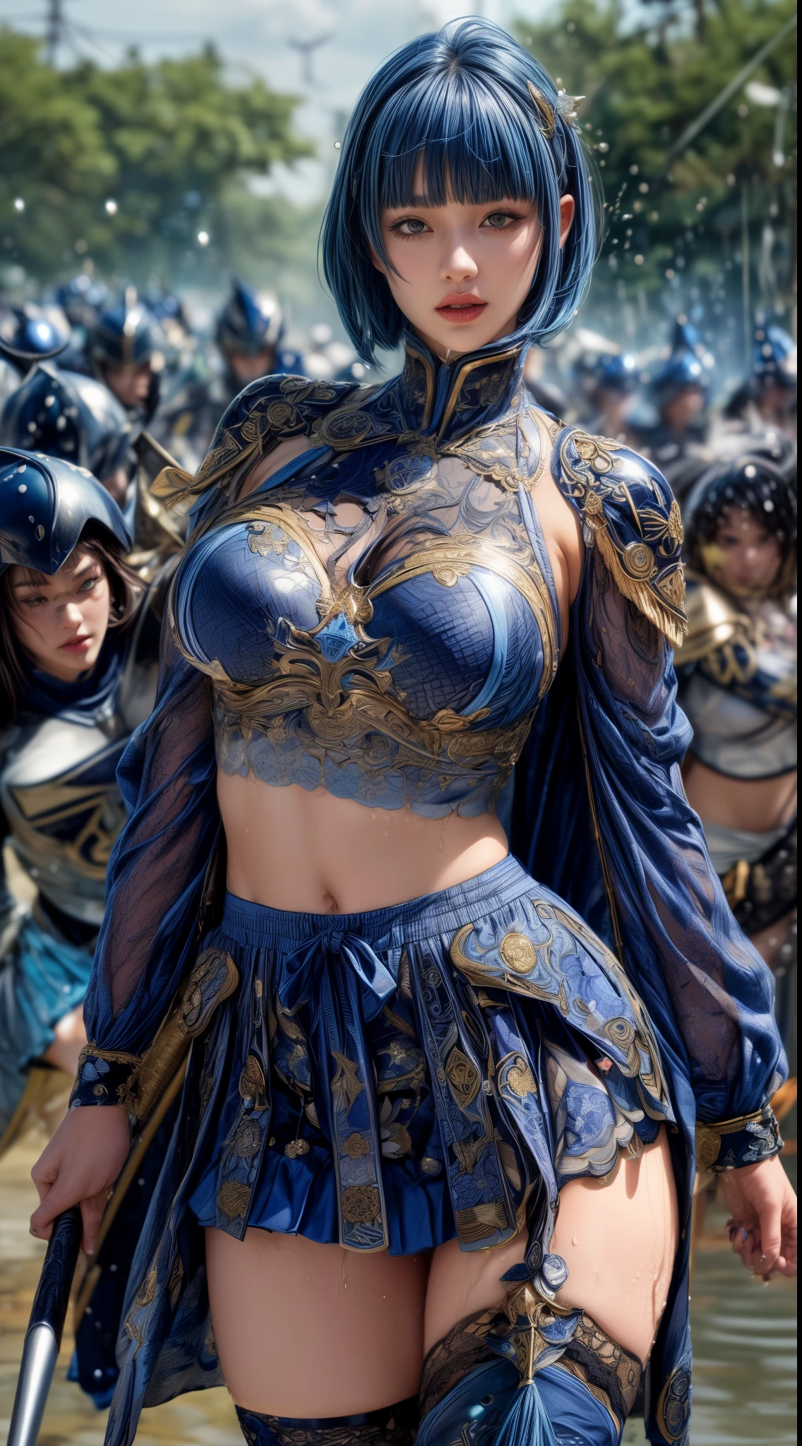 Very beautiful woman、Slender women、(Detailed face)、Realistic Skin、((holy knight)), ((Navy Blue Armor))、((((Black armor with very fine and intricate decoration:1.1))))、((Delicate photo))，(Girl Astepeace RAW Photo Details:1.25), (highest quality:1.6), (超A high resolution:1.5), (Realistic:1.75), 8K resolution, Canon EOS R5, 50mm, Absurd, Ultra-detailed,Cinema Lighting,((battlefield))、((battle))、(((Navy Skirt with Embellishments)))、Thigh-high socks、Shin Guards、((Dark blue hair))、((Bowl cut hairstyle with bangs,))、Get six-pack、Cape、Beautiful Armor、(((Has a huge weapon)))、(In combat)、The wind is blowing、((Symmetrical Armor))、((((Splash))))、(((Leading a large group of blue knights:1.2)))、Banner、Armor with a dragon motif、(((Battle Scene)))、((nsfw:1.2))、((Sexy panties visible:1.4)))