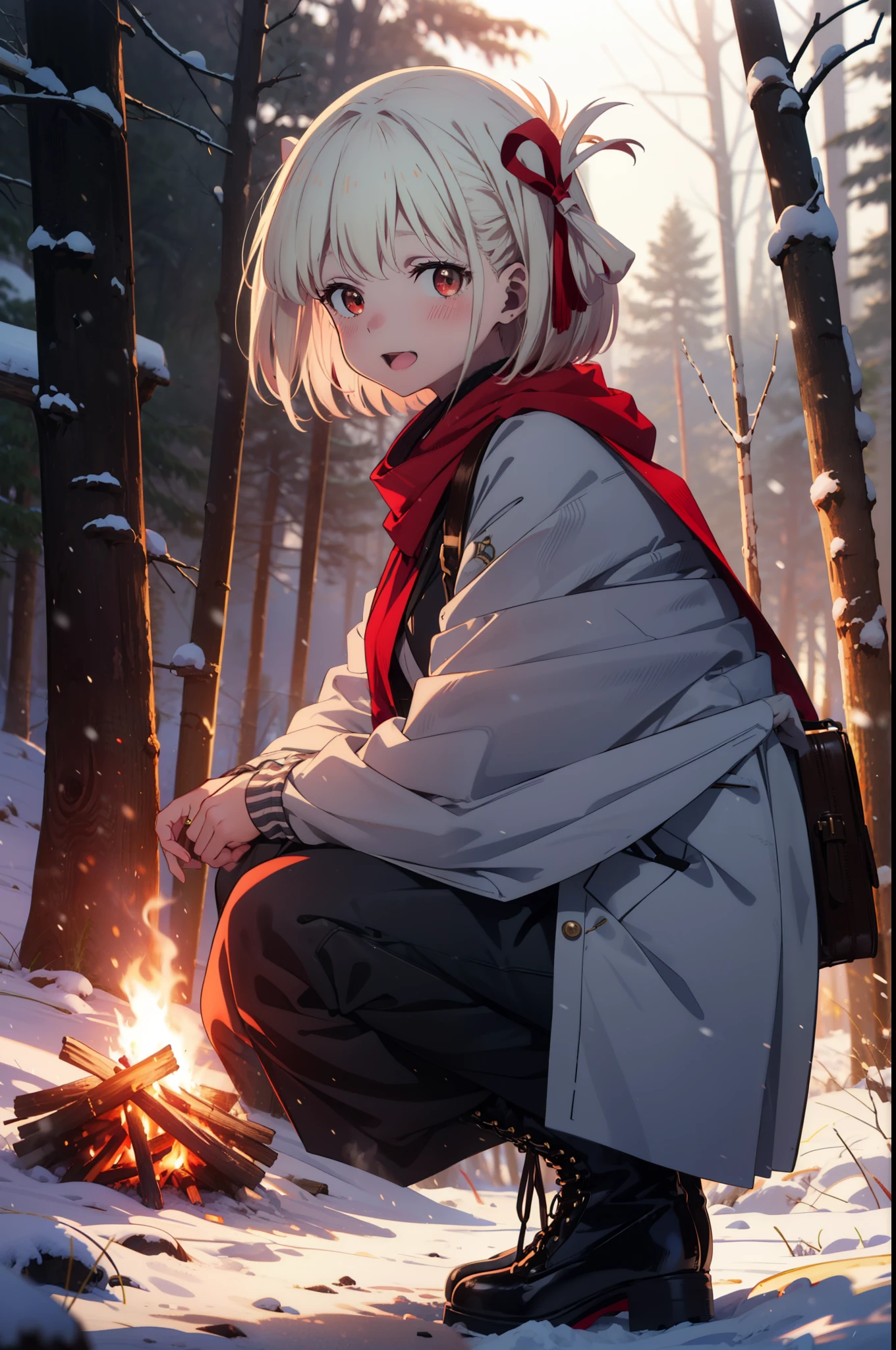 chisatonishikigi, Chisato Nishikigi, short hair, bangs, blonde, (Red eyes:1.5), Hair Ribbon, One side up, Bobcut,smile,blush,happy smile, smile, Open your mouth,
White Breath, Open your mouth,snow, Ground bonfire, Outdoor, boots, snowing, From the side, wood, suitcase, Cape, Blurred, Increase your meals, forest, White handbag, nature, Squat, Mouth closed, フードed Cape, winter, Written boundary depth, Black shoes, red Cape break looking at viewer, Upper Body, whole body, break Outdoor, forest, nature, break (masterpiece:1.2), highest quality, High resolution, unity 8k wallpaper, (shape:0.8), (Beautiful and beautiful eyes:1.6), Highly detailed face, Perfect lighting, Highly detailed CG, (Perfect hands, Perfect Anatomy),