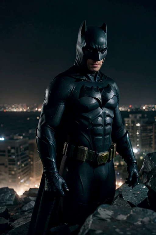 Batman in a black suit standing in a rocky area, uma imagem inspirada em Zack Snyder, trends in zbrush central, belas artes, do filme batman, o Batman, Jason Statham como Batman, Henry Cavill como Batman, Ryan Renolds como Batman, Dwayne Johnson como Batman, Ryan Reynolds como Batman, in the still cinematic Batman film, cristiano ronaldo as batman