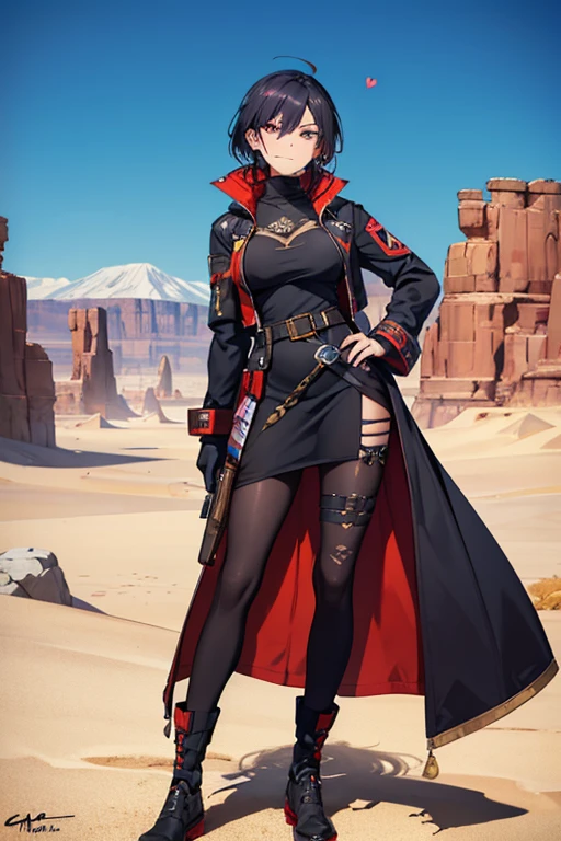 (masterwork, peak quality, hyper-detailed, pristine:1.3), dynamic scavenger's visage, 1female, (cunning wit, rebellious spirit:1.3) a charismatic rogue of the Mojave, full-body rendition, attire eclectic with trophies from past victories, signature survivor art, (sunkissed resilience, battle-scarred elegance:0.6), eyes a piercing bright blue, alive with a mischievous glint against the harsh desert backdrop, casting bold shadows that tell of her daring exploits, her duster coat etched with tales of survival, posture relaxed yet confidently alert, a smirk playing on her lips as she faces the wasteland's chaos with unyielding optimism and a fearless heart.