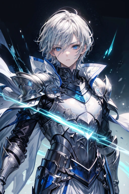 (masterpiece, best quality, perfect face, expressive eyes), 1boy, (anime), (adult), male, silver hair, blue eyes, white knight outfit, silver cape, highly detailed, intricate details, cinematic lighting, glowing aura, epic fantasy, dramatic composition, vibrant colors