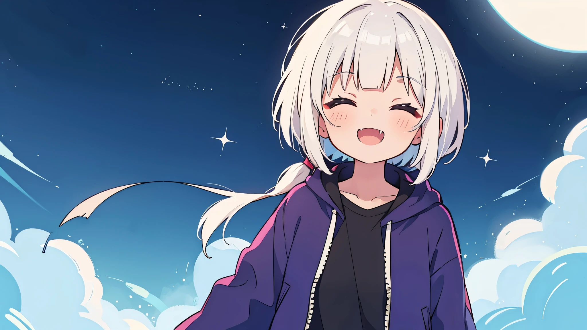 colored inner hair, side ponytail, half-closed eyes, white hair, bob cut, nervous smile, skin fang, anime, sparkle, glowing light, UHD, masterpiece, textured skin, best quality, highres