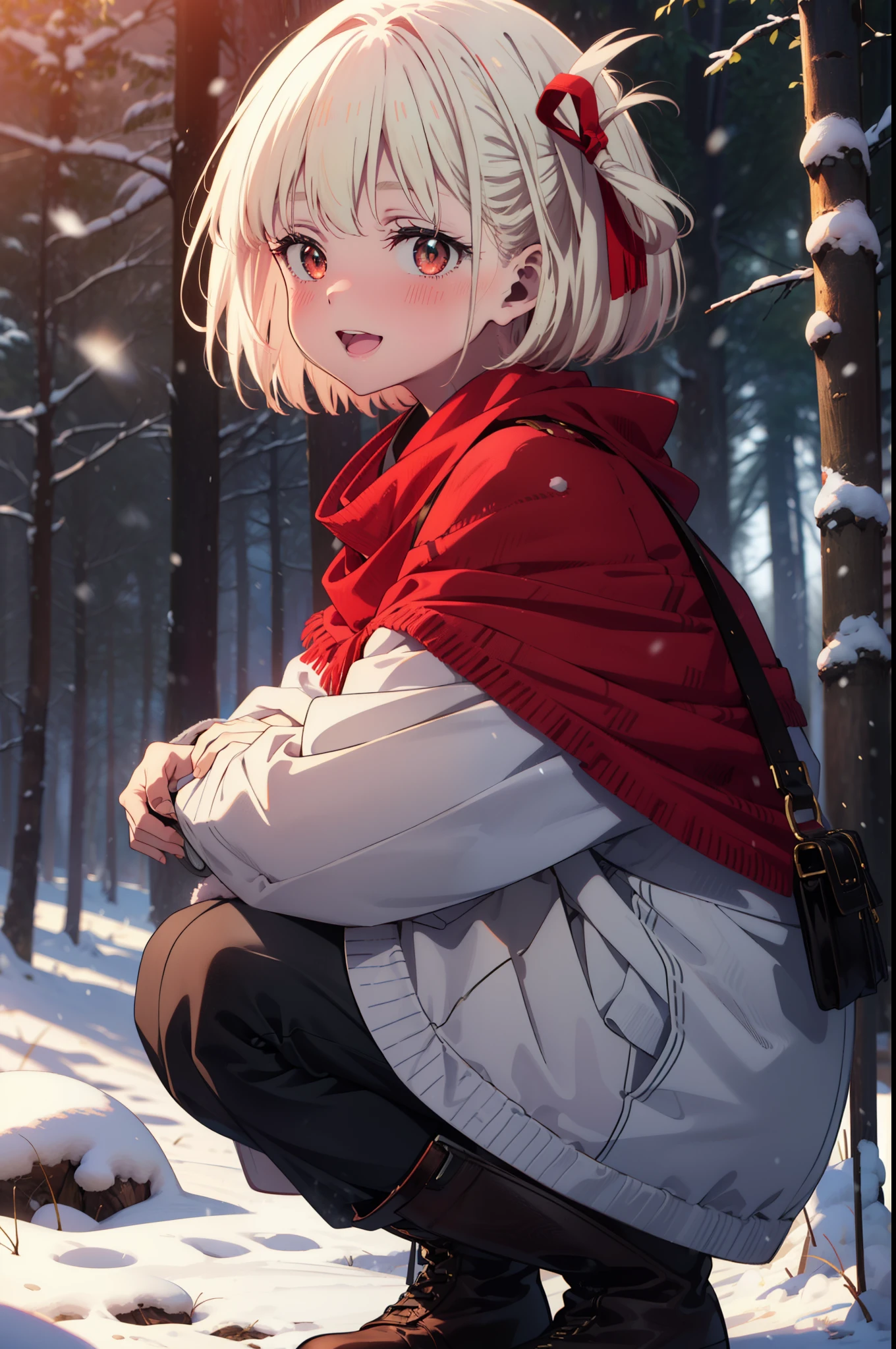 chisatonishikigi, Chisato Nishikigi, short hair, bangs, blonde, (Red eyes:1.5), Hair Ribbon, One side up, Bobcut,smile,blush,happy smile, smile, Open your mouth,
White Breath, Open your mouth,snow, Ground bonfire, Outdoor, boots, snowing, From the side, wood, suitcase, Cape, Blurred, Increase your meals, forest, White handbag, nature, Squat, Mouth closed, フードed Cape, winter, Written boundary depth, Black shoes, red Cape break looking at viewer, Upper Body, whole body, break Outdoor, forest, nature, break (masterpiece:1.2), highest quality, High resolution, unity 8k wallpaper, (shape:0.8), (Beautiful and beautiful eyes:1.6), Highly detailed face, Perfect lighting, Highly detailed CG, (Perfect hands, Perfect Anatomy),