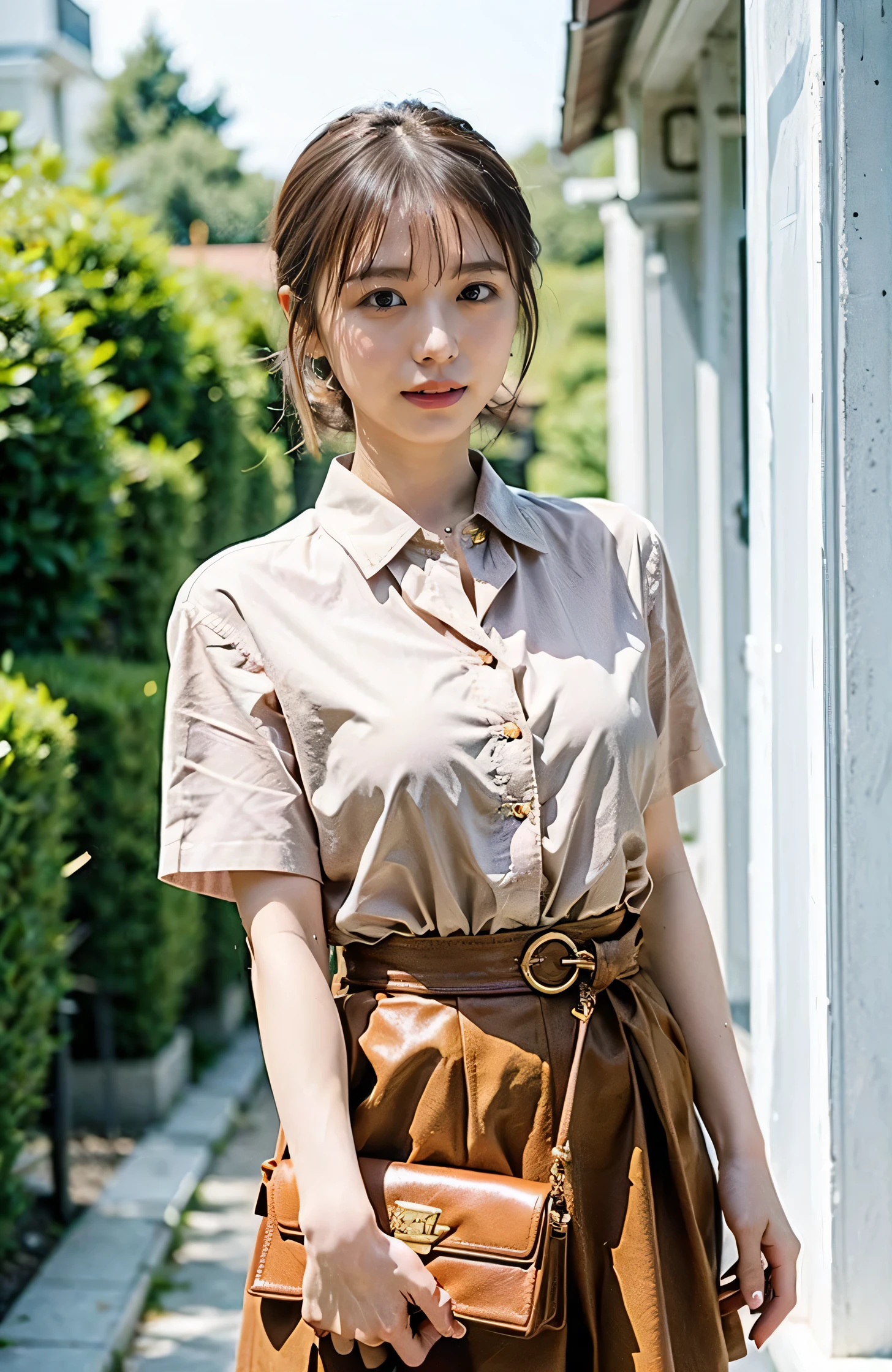 Japanese Idols、Holding a white puppy。((Dark beige hair color、Side Ponytail:1.4))、Checked Skirt、No sleeve、Outdoor Shot、Cute clothes、Tie your hair up、cream hair color、Leather Belt、Her huge breasts are obvious even from her clothes.、Small earrings、Light brown hair color、Tie your hair up:1.4))、Shiny Hair、Light beige hair color、Background Blur、Braid only the front hair、Light brown hair、{{Cowgirl Shot}}、((Close-up shot from the waist up、Big Breasts:1.4))、Big Breasts、Smile、Silk clothing、Big Breasts that can be seen even through clothes、Braid only the front hair、Cowboy Shot、A luxurious white collared silk shirt and a brown skirt、Elegant attire、Luxury Bags、A lovely smile、((Skimpy clothing))、Full body photo、ring、Short skirt、Tuck your hair behind one ear、Silver Necklace、smile、 Elegant ponytail、Caustics、Highly detailed photos、Very beautiful and ideal medium short hair、Big Breasts、Super no makeup、(8k、RAW Photos、highest quality、masterpiece:1.2)、(Realistic、Realistic)、1 girl、((Big Breastedium Short Hair、Looking into the camera:1.4))、Hair blowing in the wind