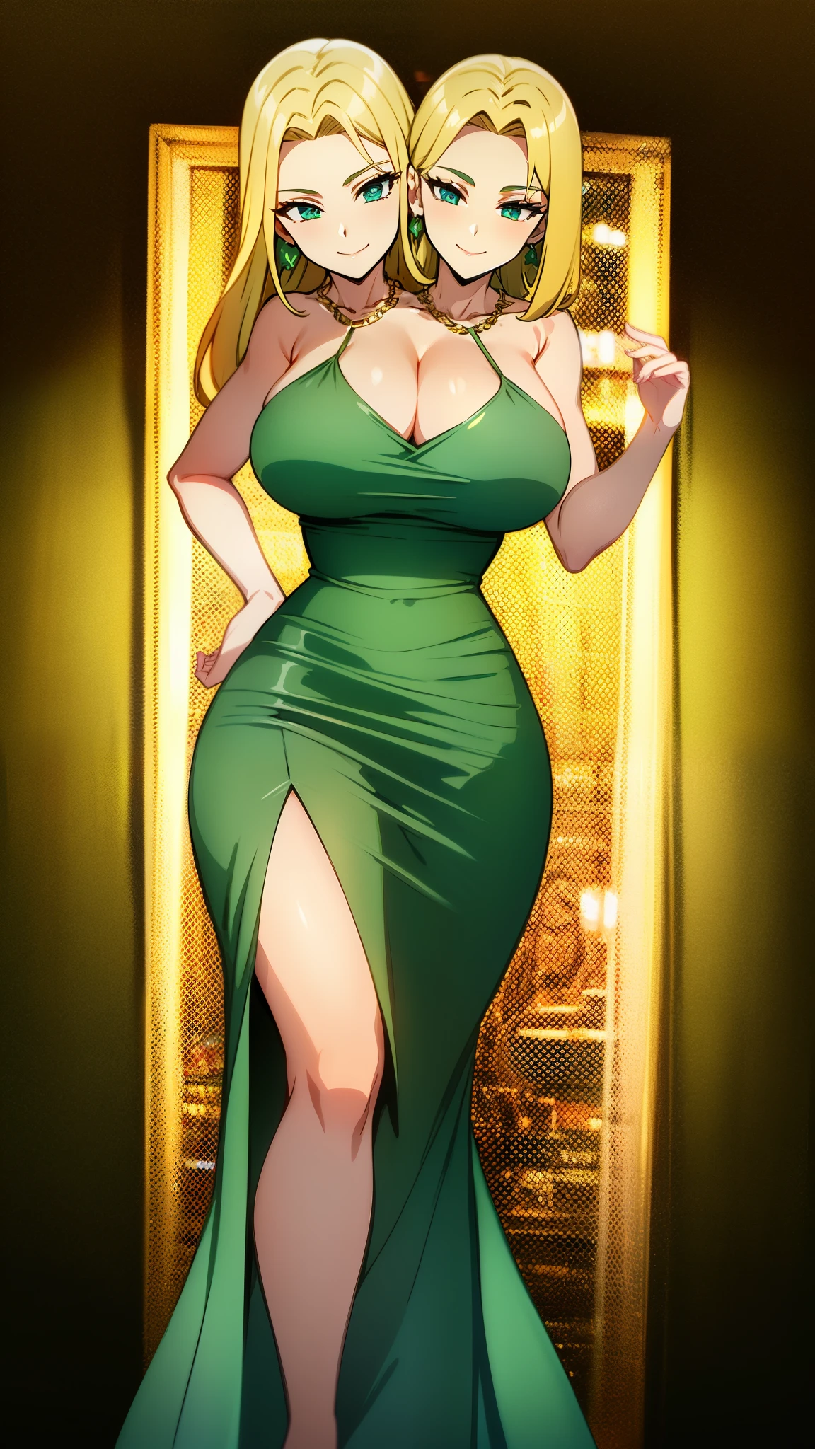 (16K), ((two headed woman)), smiling, highres, masterpiece, ((blonde hair)), cleavage, ((green dress:1.5)), lustrous and smooth skin, (mature woman), seductive silhouette, casual dress, sexy proportions, Beautiful girl with accentuated slender abs, seductive woman, ((party background)), necklace, body con dress, strapless, sleeveless, blue eyes, long hair, ((gala)), ((cowboy shots)), slim woman