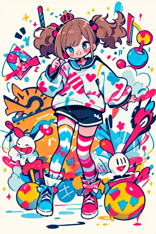 crazy cloud hair girl, Brown Hair, Full body photo, Light blue eyes, Heart-shaped pupils, Crazy Smile, Blood splatter, One Girl, Crazy girl with long blonde hair, Crown, プリンセスbubble gumスタイル, In detail, (highest quality), (Intricate details), Cute Style, , Clown style, Multicolor, ((length, Messy, blonde twintail hair)), highest quality, ((length sleeve shirt and shorts)), ((Light blue and white clothes)), ((Clown style clothes)), ((Thigh-high socks)), ((Round eyes)), ((Putting on clown make-up)), Beautiful Face, Happy, Cute Face, pin up, Perfect Face, Portrait with a simple background, Crowea Card, bubble gum