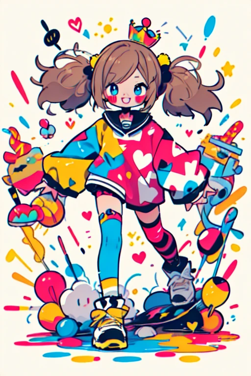 crazy cloud hair girl, Brown Hair, Full body photo, Light blue eyes, Heart-shaped pupils, Crazy Smile, Blood splatter, One Girl, Crazy girl with long blonde hair, Crown, プリンセスbubble gumスタイル, In detail, (highest quality), (Intricate details), Cute Style, , Clown style, Multicolor, ((length, Messy, blonde twintail hair)), highest quality, ((length sleeve shirt and shorts)), ((Light blue and white clothes)), ((Clown style clothes)), ((Thigh-high socks)), ((Round eyes)), ((Putting on clown make-up)), Beautiful Face, Happy, Cute Face, pin up, Perfect Face, Portrait with a simple background, Crowea Card, bubble gum