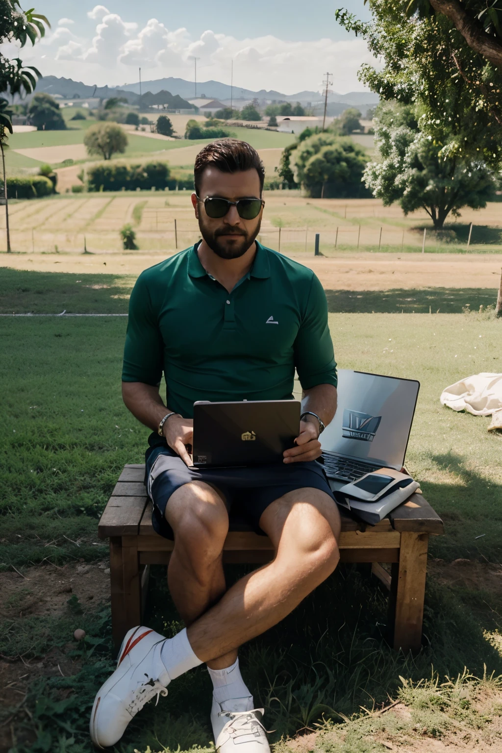 homem executivo, bem vestido, barba, sunglasses, sentado dentro de um campo de futebol, panoramic view of the countryside, homem no centro,trabalhando em um laptop, dia ensolarado, realista