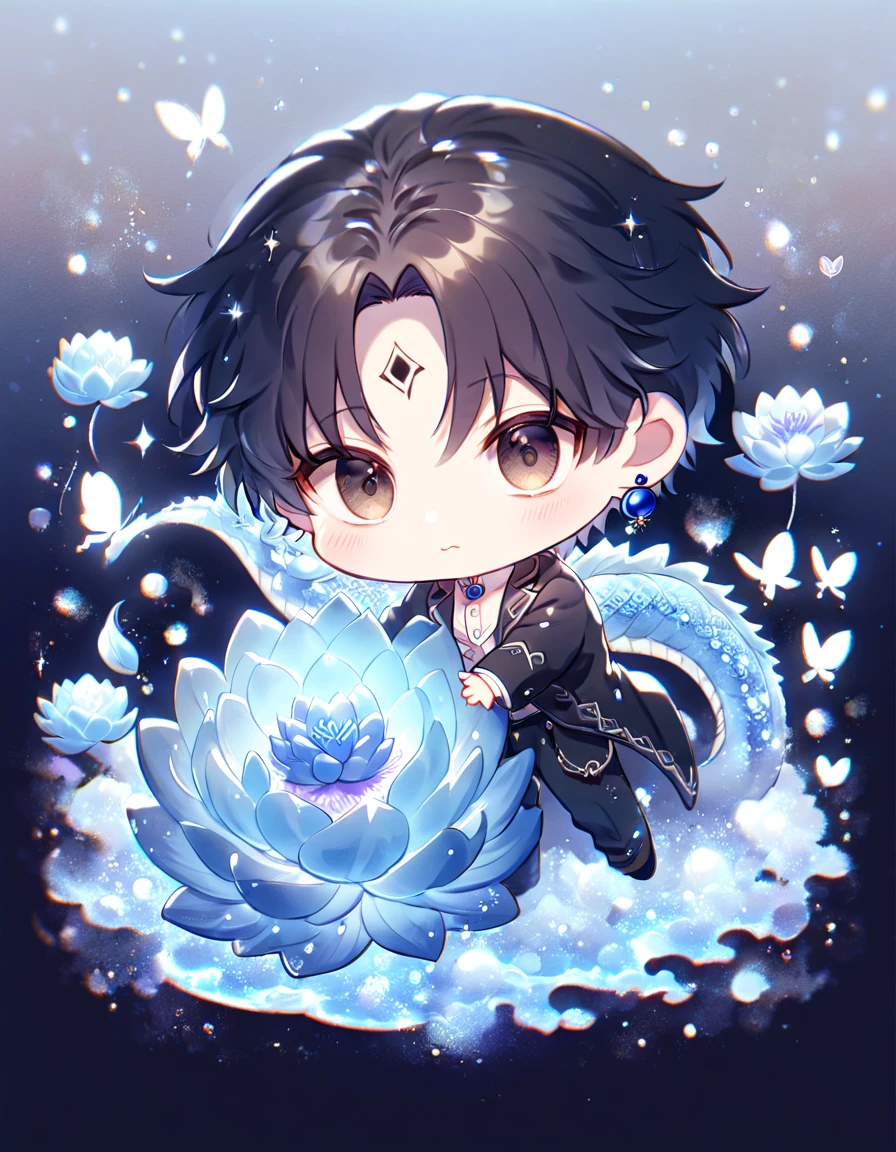 absurdres, highres, ultra detailed, HDR, master piece, best quality, Chrollo Lucilfer chibi, black hair, expressive brown eyes, hunter x hunter, blue earrings, cute, hugging a light-blue dragon, black jacket, white shirt, patterns, magical, fantasy, blue background, blue lotus, shining, blue petals, blue glittering butterflies