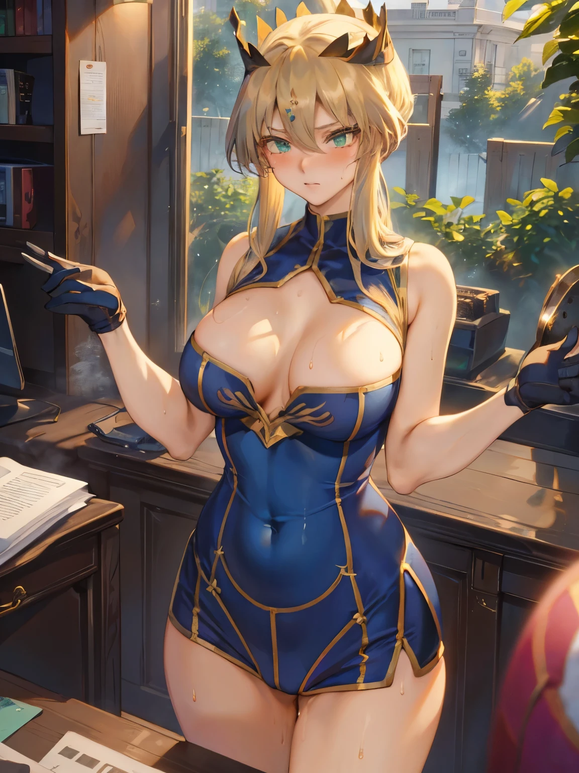(4K, 8k, 32k, Ultra HD、so beautiful、masterpiece,highest quality,1 female),((ninja costume)), dolphin shorts,Blonde Hair, Green Eyes,Crown,((blush, steam, sweat)), Mature woman, tall girl, slender body, A girl came to buy condoms, A white cash register in front of the girl, A box of condoms on the desk, Lined up at the cash register A girl waiting at the store, (standing shyly: 1.2, blushing and bow), ((big breasts)),Accurate human body, knowledgeable people, correct five fingers,Belly showing