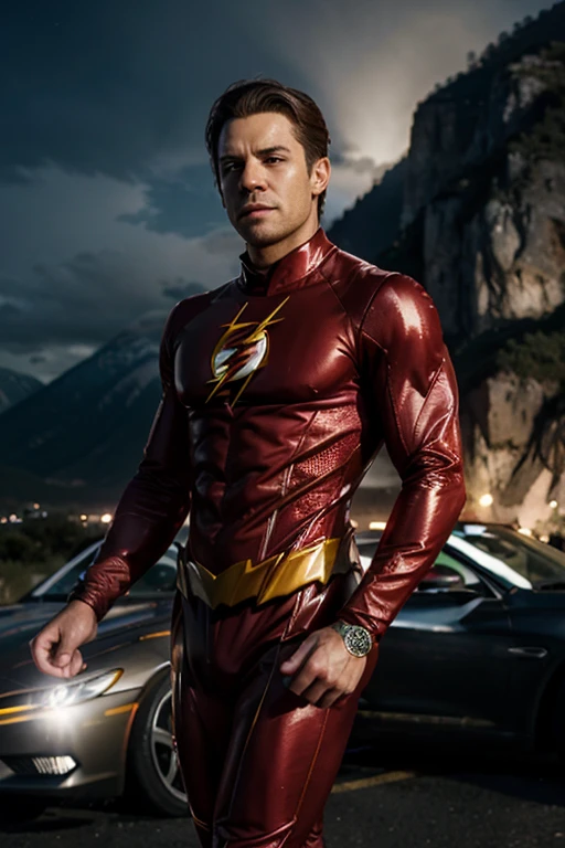 a close up of a man in a flash suit standing in front of a mountain, arte conceitual de Zack Snyder, tumblr, neo-figurativo, the flash, sem texto, flashy flash elegant, steve harvey as the flash, flash image, superhero body, emma watson as the flash, flash, flash on, wearing red and yellow hero suit, corredor de carros, flash lighting