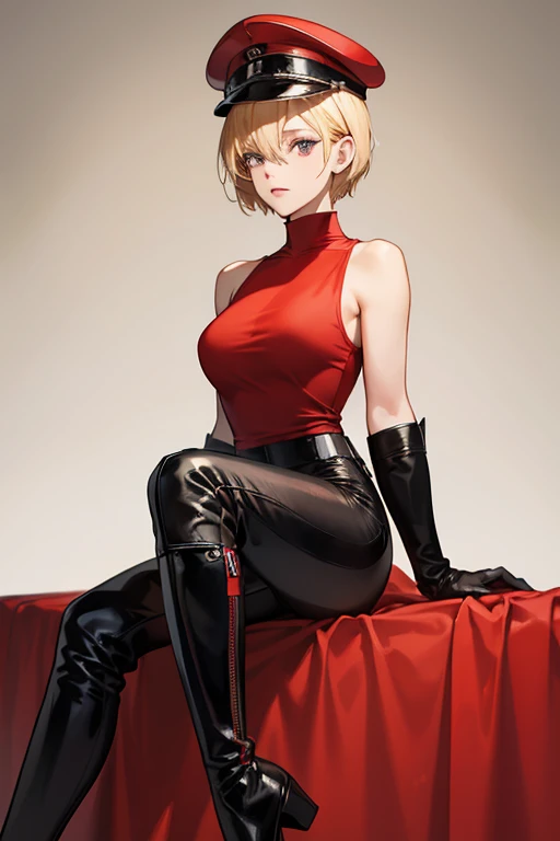 A blonde short-haired mature woman wearing a red enamel tank top, black enamel leggings, black enamel knee-high boots, red enamel gloves, and a black military hat.