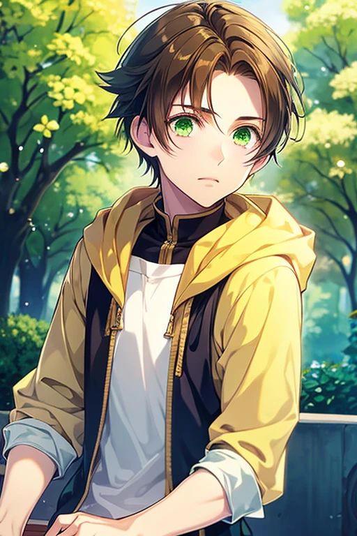 Fantasy　Sparkling　highest quality　masterpiece　anime　One Boy　Fluffy brown hair　Green Eyes　　15 years old　Casual clothes　cute　small