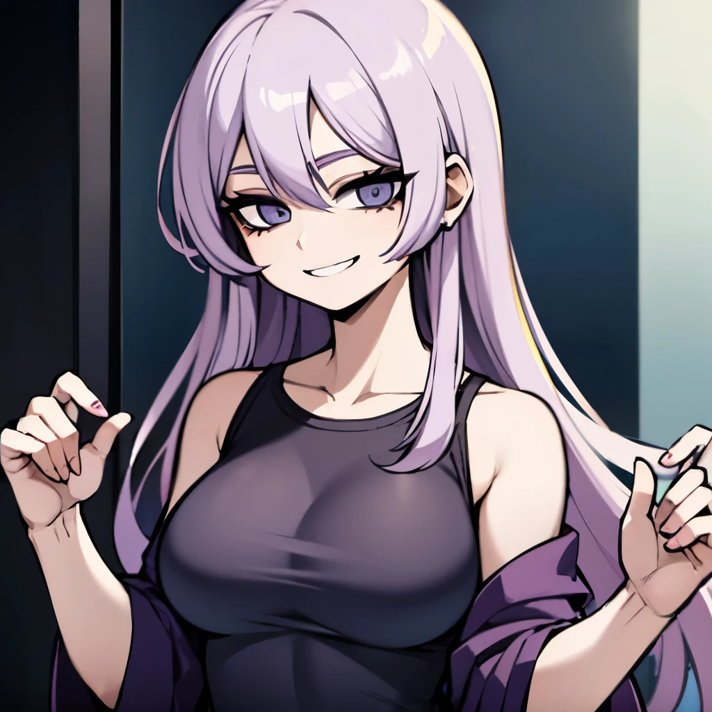 1woman, black eyes, pastel purple hair, long hair, pastel blue eyes, comfy clothes, calm, smiling, mature.