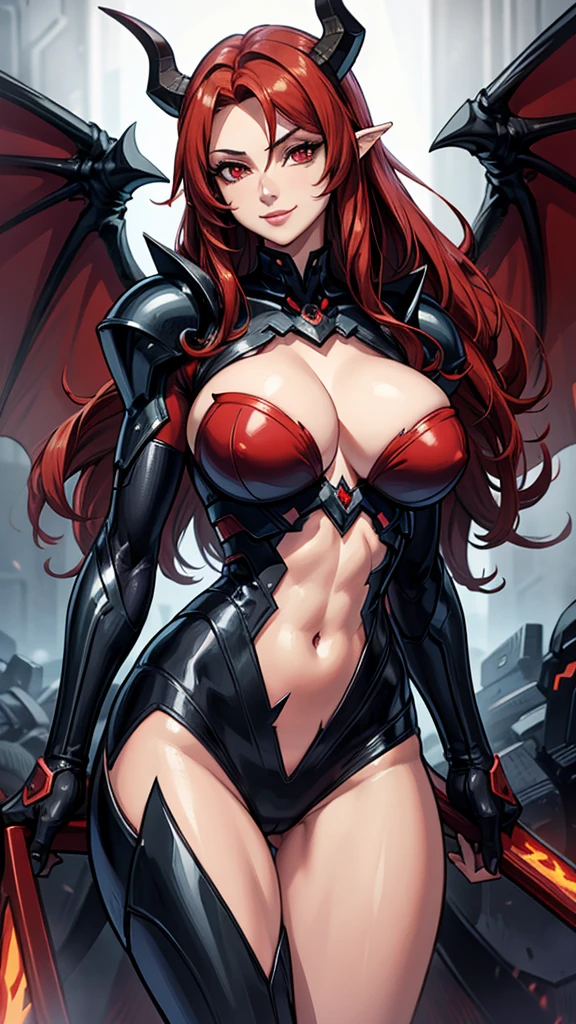 masterpiece, very detailed, ultra detailed, One, (1 woman), super mature, high, milf style, mature mother, long hair, Red hair, dragon woman, mother, Red Dragon, black dragon horns, dragon wings, Red scales, Beautiful, charming, Red eyes, elegant, big breasts (Huge, torn), Perky breasts, Friendly smile, charming, tight futuristic neon armor, Six pack abs, defined abs, dark background, Futuristic setting .