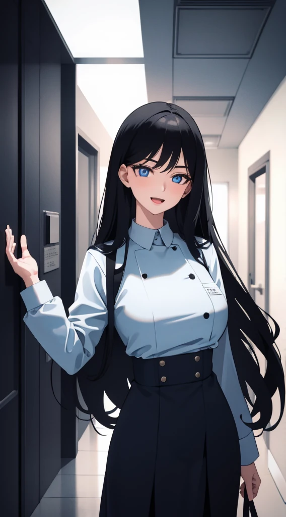 (masterpiece), (best quality), (ultra-detailed), ((girl, 29 years old)), an extremely delicate and beautiful, detailed eyes, minute details, (black hair, long hair, straight hair, hair between eyes), ((big breasts)), smile, open mouth, ((beautiful eyes)), (blue eyes), (upper body), she is wearing a blue dress, (detailed clothes), (detailed background, in a hospital, hospital hallway), (monochrome)