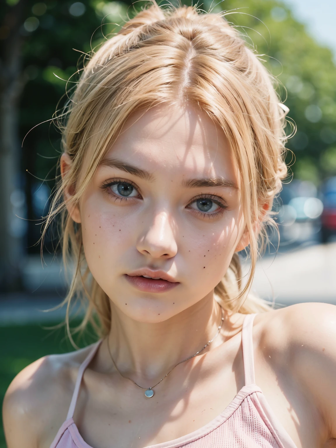 realistic photo of a (young woman), (masterpiece:1.0), (best quality:1.0), ultra detailed photography, face, pink tanktop, blonde hair