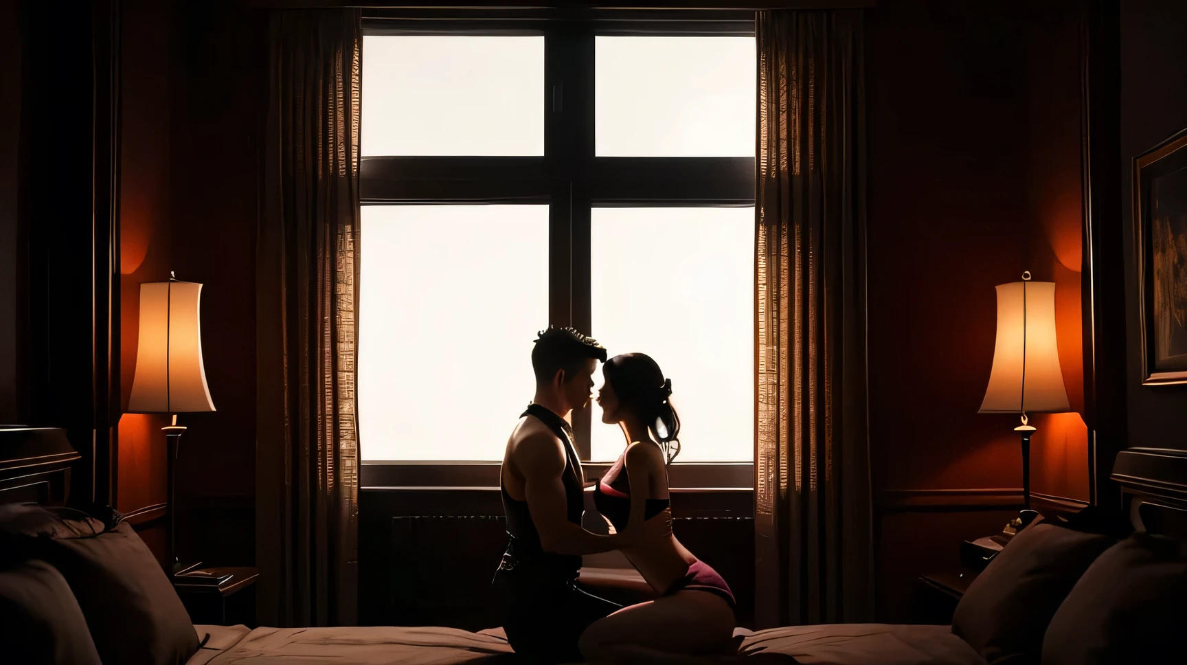 a couple having sex in a dark room, silhouetted against window with delicate curtains, a third person watching and masturbating in the corner, anime style, dramatic lighting, intense colors, highly detailed, photorealistic, 8k, orgasm, lingerie, muscular male, third muscular male in black underwear on the side watching couple from corner, third man