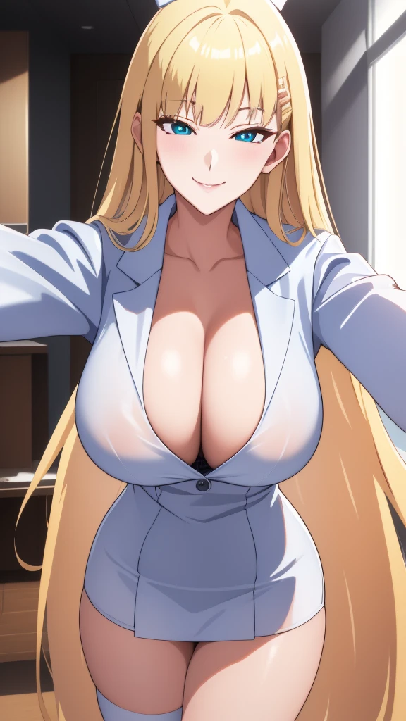 (best quality:1.5, highres, UHD, 4K, detailed lighting, shaders, perfect hand anatomy), blonde straight hair, busty, nurse outfit, cleavage, thighs, smiling, pov, close shot, standing, hospital background