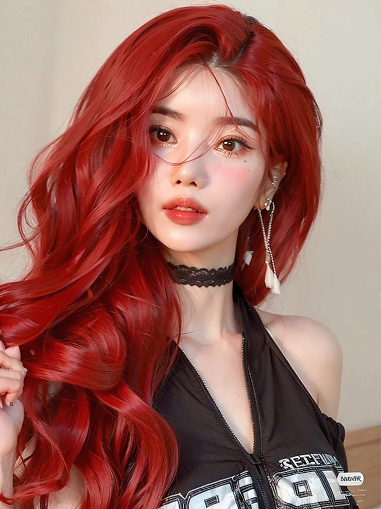 um close de uma mulher ruiva usando uma gargantilha, peruca vermelha, com longos cabelos ruivos, cabelos longos e ondulados vermelhos, very long wavy cabelo ruivo ardente, wavy cabelo ruivo vibrante, cabelos tingidos de vermelho, com cabelo ruivo cacheado, cabelo ruivo brilhante, cabelo longo ruivo, longos cabelos vermelhos ondulados, cabelo ruivo vibrante, with longos cabelos vermelhos ondulados, cabelo ruivo ardente