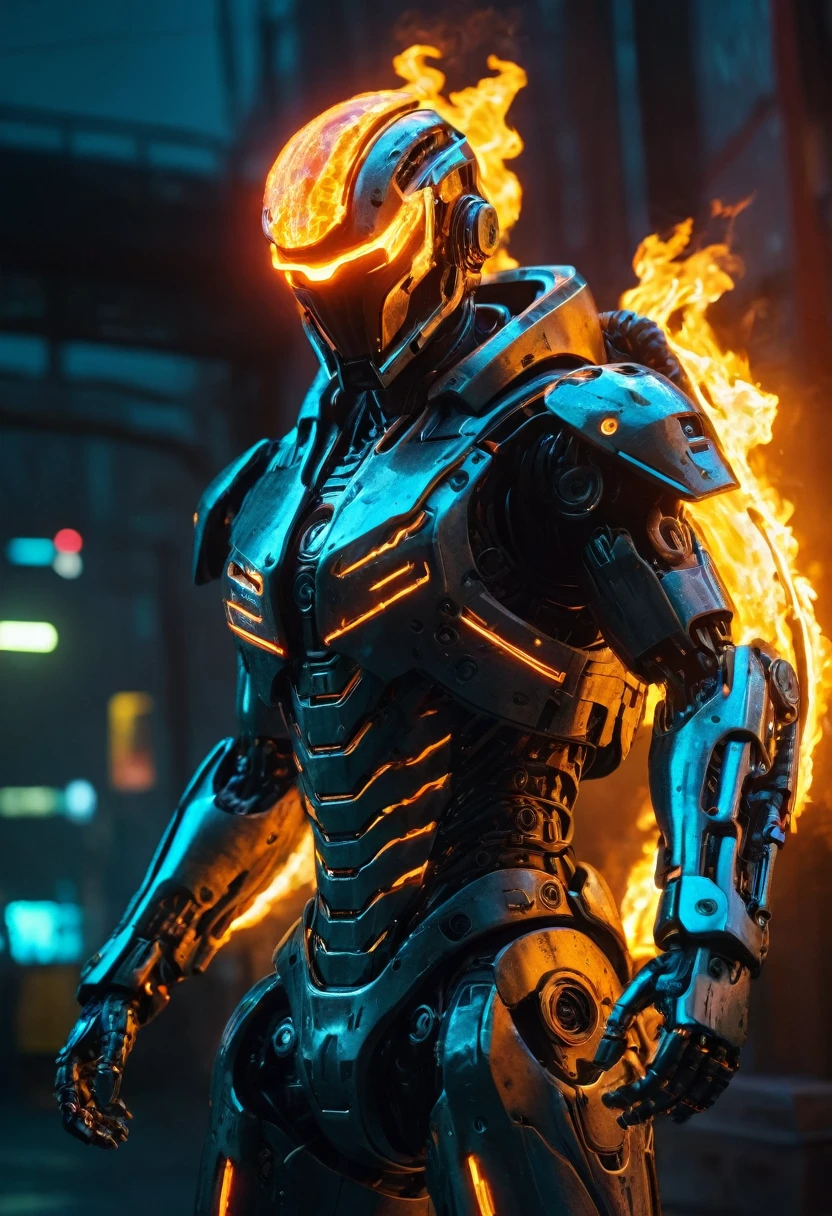 cyberpunk cybernetic revolutionaries, futuristic flame suit, flaming guns on hands, complex intricate robot body, highly detailed, photorealistic, 8k, cinematic lighting, dramatic, neon colors, moody atmosphere, science fiction, concept art style