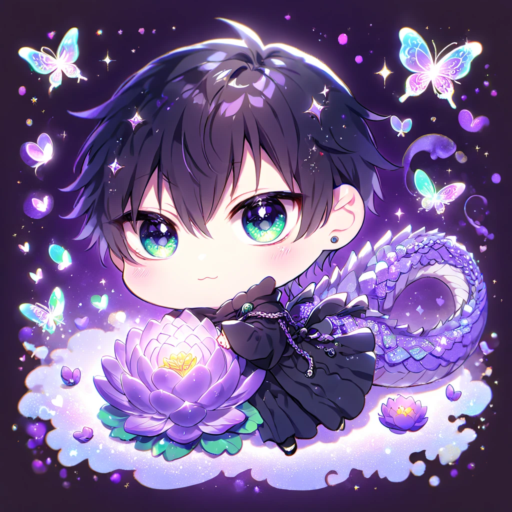 Ultra detailed, Highres, absurdres, HDR, Fushiguro Touji chibi, black straight hair, expressive green eyes, black coat with patterns, Jujutsu Kaisen, black clothes, fantasy, glittering purple butterflies, petals, handsome, man, very detailed eyes and face, master piece, glittering, purple lotus, purple background, hugging a purple dragon, cute, love, magical,