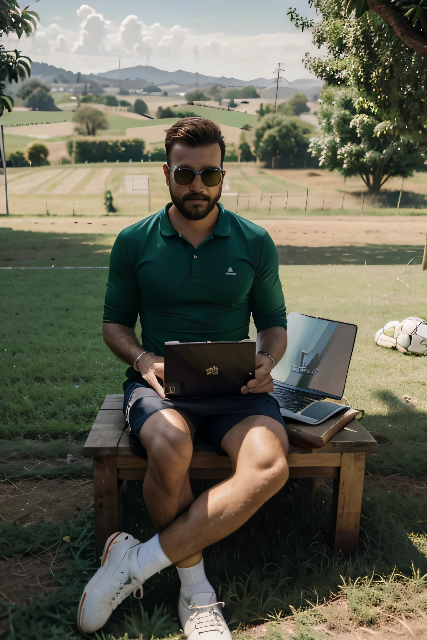 homem executivo, bem vestido, barba, sunglasses, sentado dentro de um campo de futebol, panoramic view of the countryside, homem no centro,trabalhando em um laptop, dia ensolarado, realista, soccer ball at the table, 300 x 300
