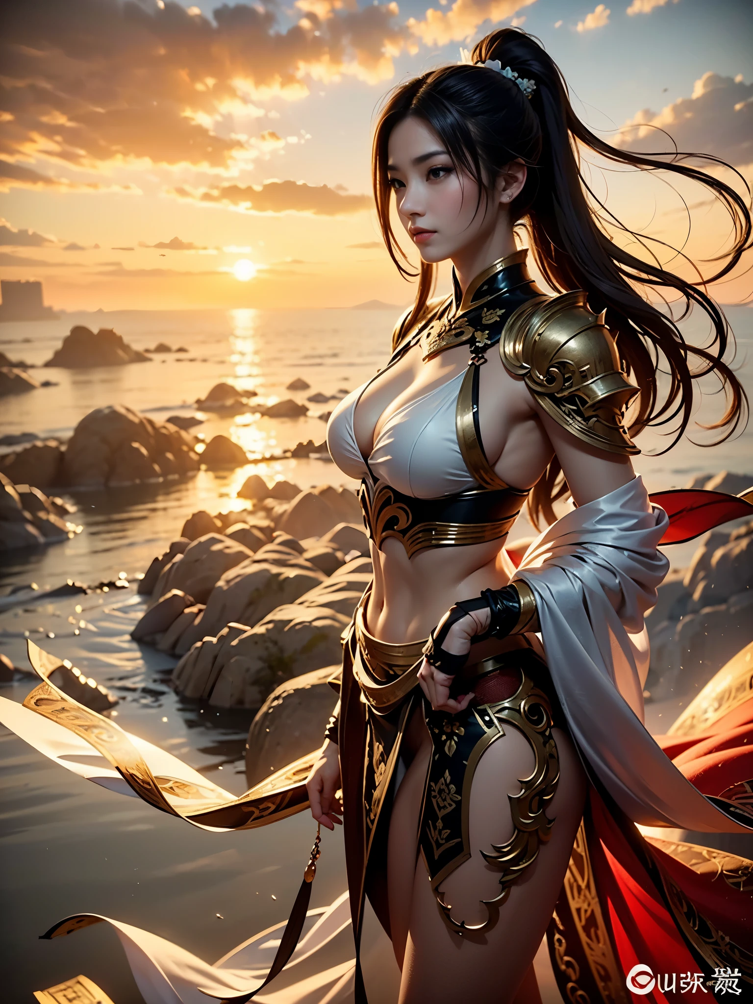 ((Full body portrait，Full body picture，Vision,The background is a sea of clouds，Mountain tops emerging from the sea of clouds，Sunset，The setting sun turned the sky red，Woman standing on the edge of a cliff。The woman has the face of an Asian goddess，Straight Hair，长发扎着高High Ponytail，Armor inlaid on smooth skin，Slender bare feet stepping on the stone，She looked up at the camera.。))((8k+Ultra-high resolution+Ultra-high definition+masterpiece+Very detailed+Awards+The award-winning)),(Perfect face+Supermodel+Delicate skin+High Ponytail+Huge breasts+Perfect hands+Beautiful hands+Perfect hands指+Beautiful hands指+Perfect legs+Perfect feet),[[[muscle]]],(((Anatomically correct))) ，The picture is extremely sharp，The details are meticulous，High-quality；Clever light handling，Create a dramatic atmosphere；Brushstroke Master，Impeccable professionalism，A haunting work of art。