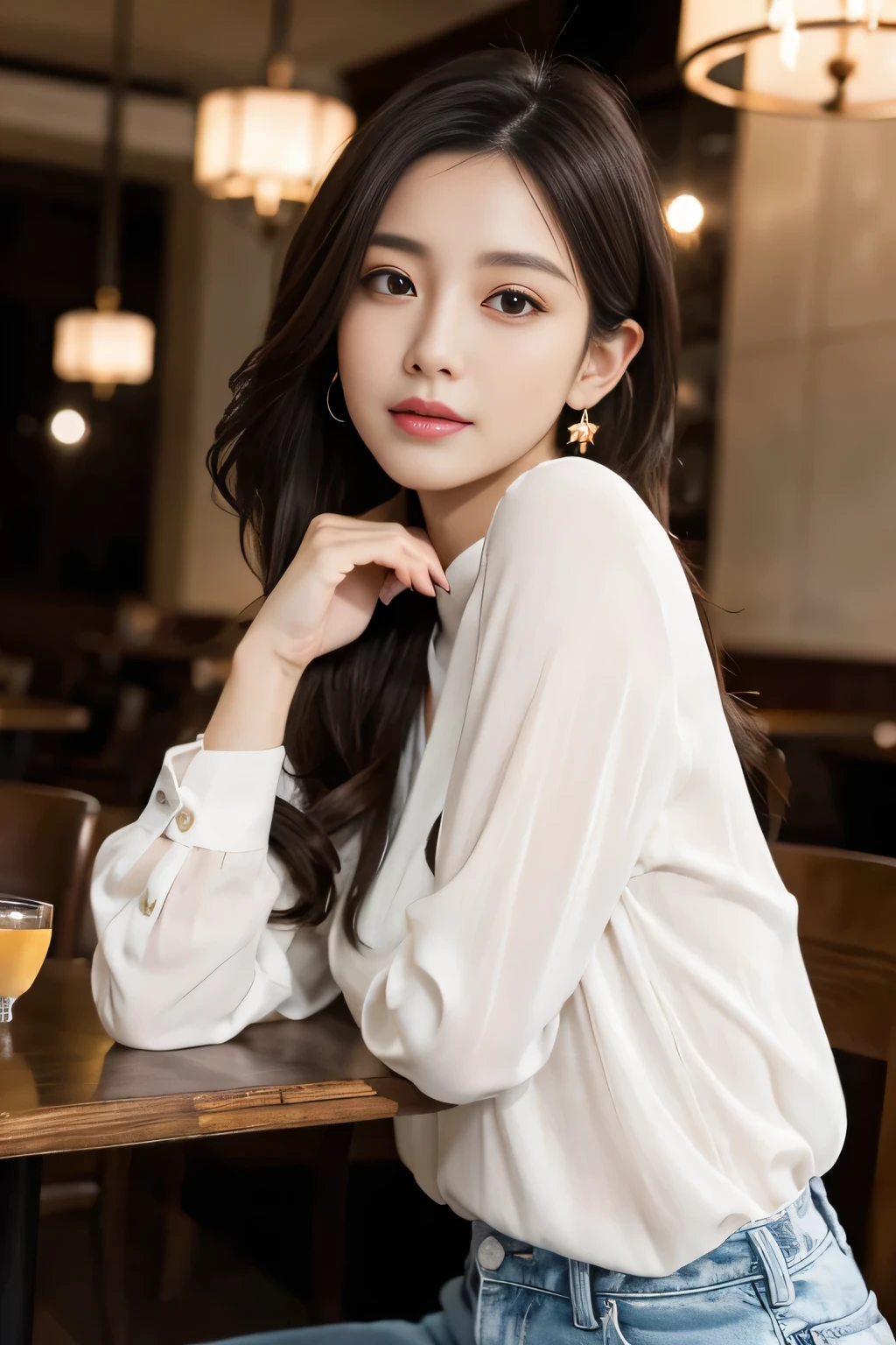 masterpiece, highest quality, Realistic, Very detailed, Finer details, High resolution, 8k wallpaper, One beautiful woman, Wear an elegant white see-through blouse, In a great restaurant, At night, Light brown messy hair, Perfect dynamic composition, Beautiful and beautiful eyes、Big earrings、Sitting in a chair、