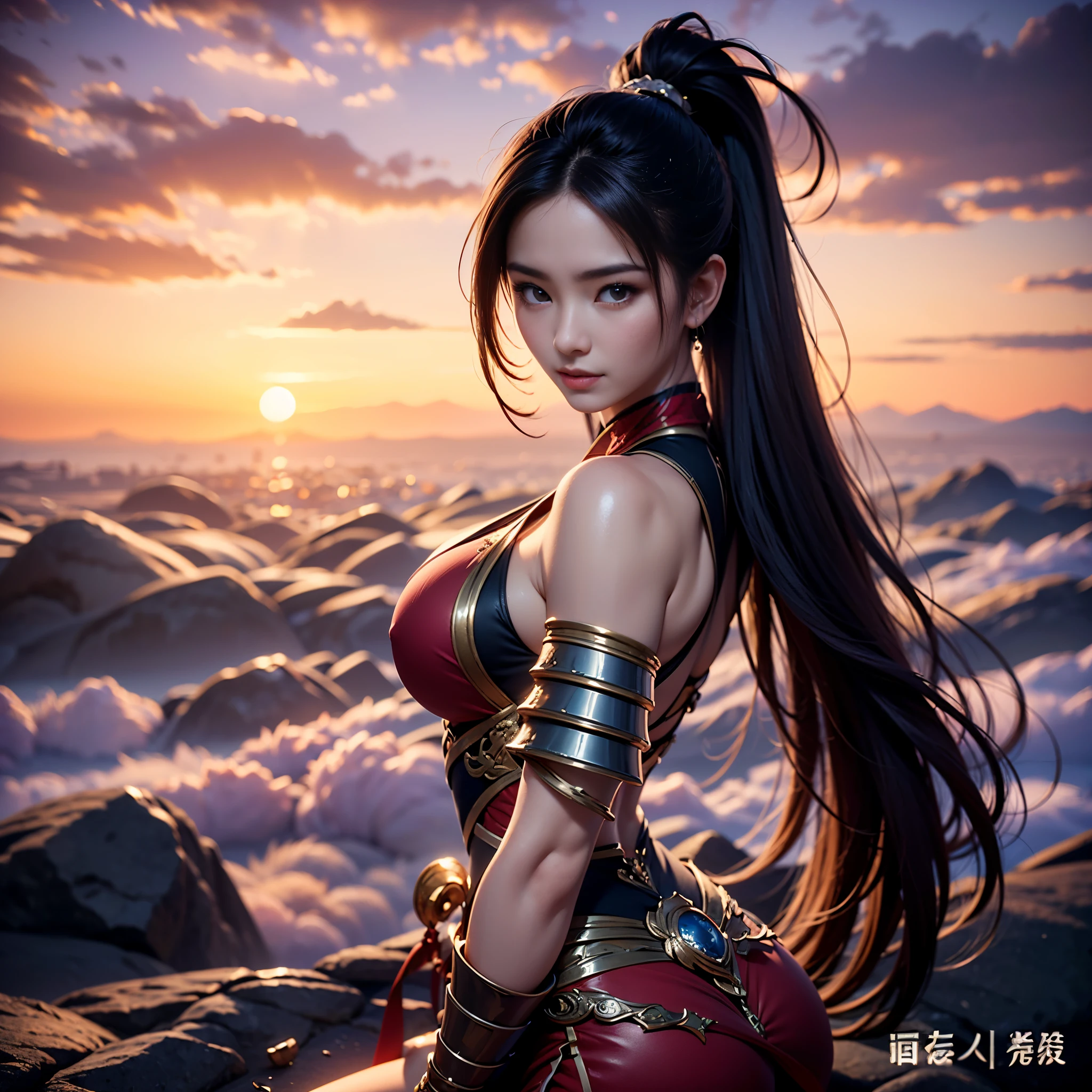 ((Full body portrait，Full body picture，Vision,The background is a sea of clouds，Mountain tops emerging from the sea of clouds，Sunset，The setting sun turned the sky red，Woman standing on the edge of a cliff。The woman has the face of an Asian goddess，Straight Hair，长发扎着高High Ponytail，Armor inlaid on smooth skin，Slender bare feet stepping on the stone，She looked up at the camera.。))((8k+Ultra-high resolution+Ultra-high definition+masterpiece+Very detailed+Awards+The award-winning)),(Perfect face+Supermodel+Delicate skin+High Ponytail+Huge breasts+Perfect hands+Beautiful hands+Perfect hands指+Beautiful hands指+Perfect legs+Perfect feet),[[[muscle]]],(((Anatomically correct))) ，The picture is extremely sharp，The details are meticulous，High-quality；Clever light handling，Create a dramatic atmosphere；Brushstroke Master，Impeccable professionalism，A haunting work of art。