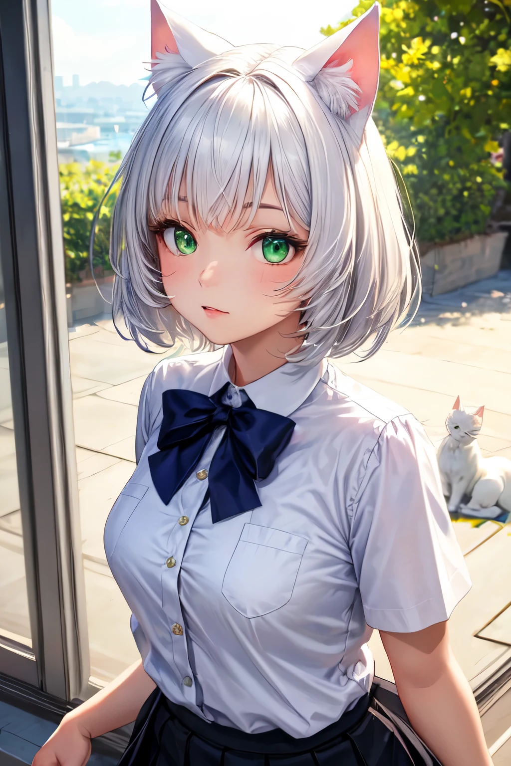 ((best quality)), ((masterpiece)), (detailed), perfect face, white short hair, white cat ears, green eyes, uses a skirt, 18 year-old girl, white cat tail coming from under her skirt