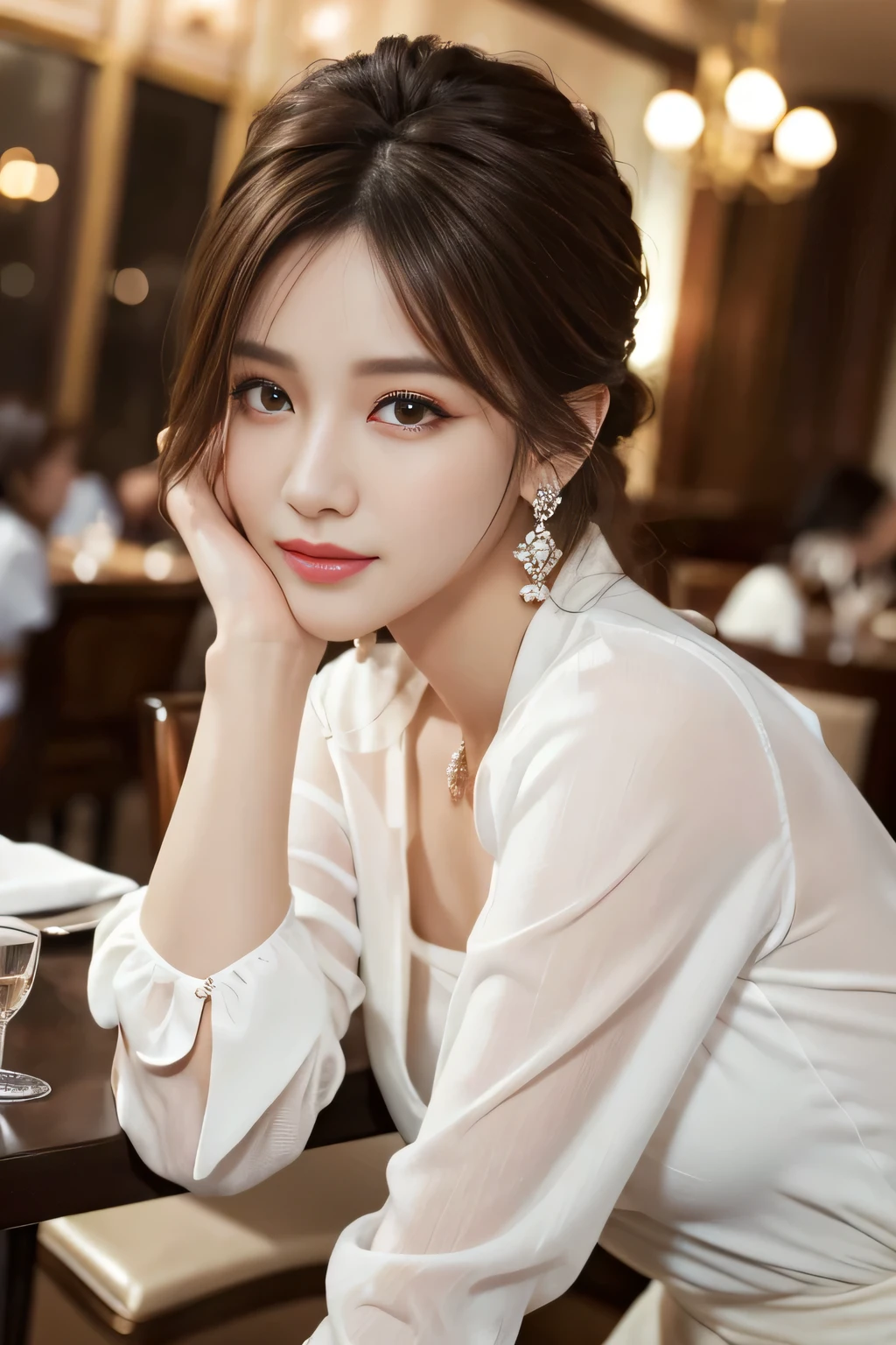 masterpiece, highest quality, Realistic, Very detailed, Finer details, High resolution, 8k wallpaper, One beautiful woman, Wear an elegant white see-through blouse, In a great restaurant, At night, Light brown messy hair, Perfect dynamic composition, Beautiful and beautiful eyes、Big earrings、Sitting in a chair、Back view