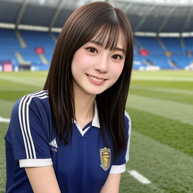 (kawaii 24 year-old Japanese girl, Nogizaka idol, Korean idol, soccer player), healthy female athlete body, glossy black hair, (very short hair, bangs:1.2), beautiful black eyes, rounded face, single eyelid, (no makeup:1.2), (big laughing), (soccer uniform:1.3), extra small breasts, BREAK, (soccer stadium background, summer sunlights:1.2), (dynamic angle, bust shot:1.2), BREAK, (masterpiece, best quality, photo realistic, official art:1.4), (UHD, 8K quality wallpaper, high resolution, raw photo, golden ratio:1.3), (shiny skin), professional lighting, physically based rendering, award winning, (highly detailed skin texture, extremely detailed face and eyes textures), Carl Zeiss 85 mm F/1.4, depth of field, (1girl, solo),