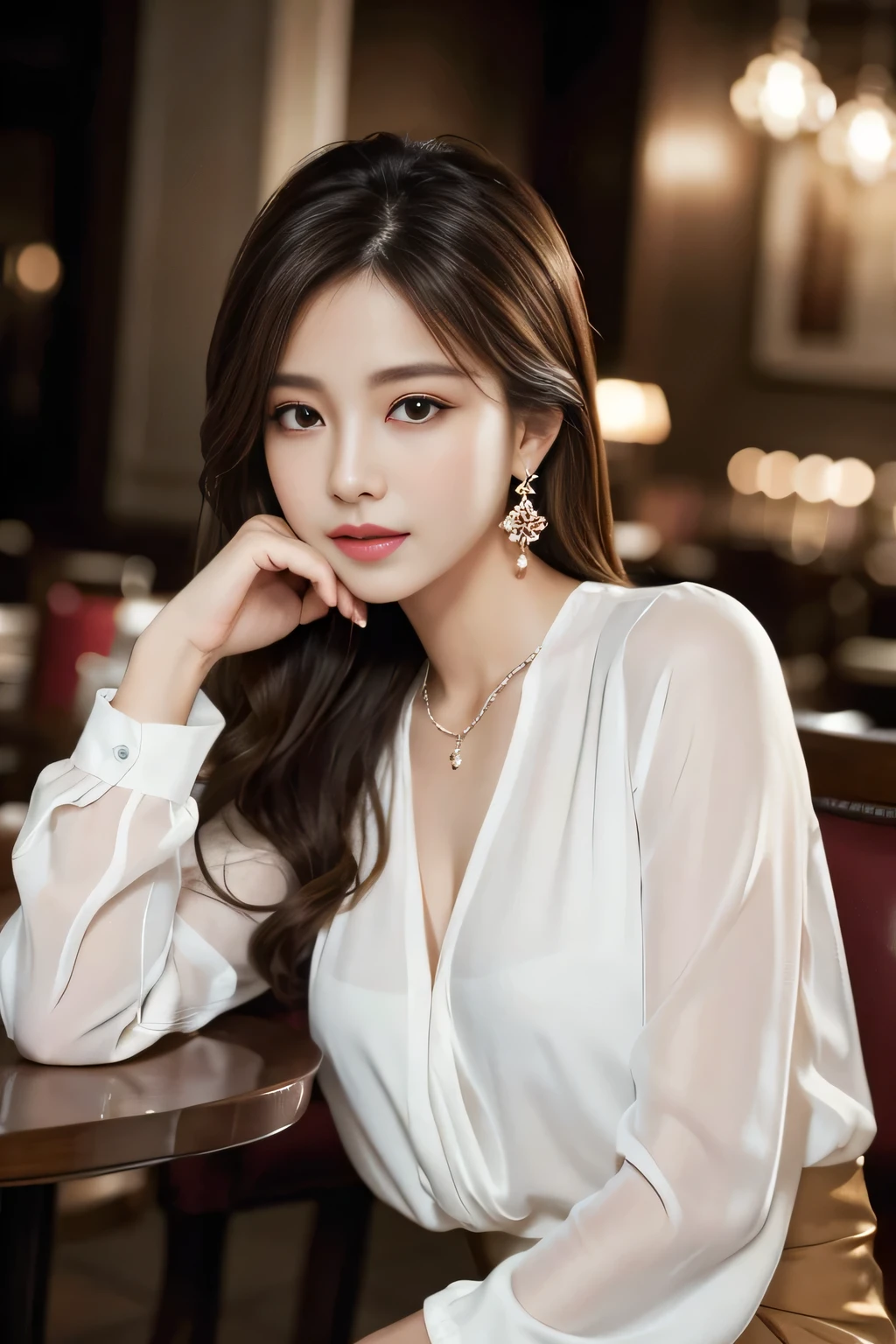 masterpiece, highest quality, Realistic, Very detailed, Finer details, High resolution, 8k wallpaper, One beautiful woman, Wear an elegant white see-through blouse, In a great restaurant, At night, Light brown messy hair, Perfect dynamic composition, Beautiful and beautiful eyes、Big earrings、Sitting in a chair、Back view