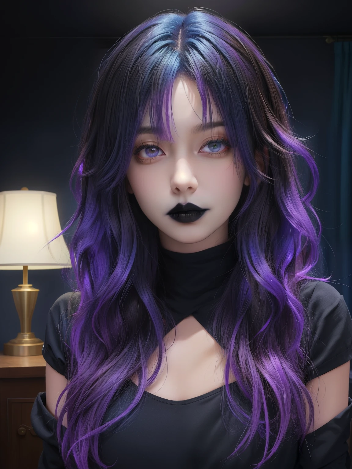 masterpiece, adult, indoors, living room, woman with blue to purple ombre hair, long hair, looking at viewer, messy hair, bedhead, bedhair, dark lighting, goth, black lipstick, shirt, skinny, 